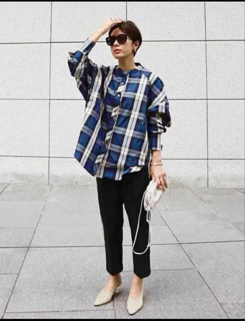 マチャット ネイビー チェック柄 オーバーブラウス