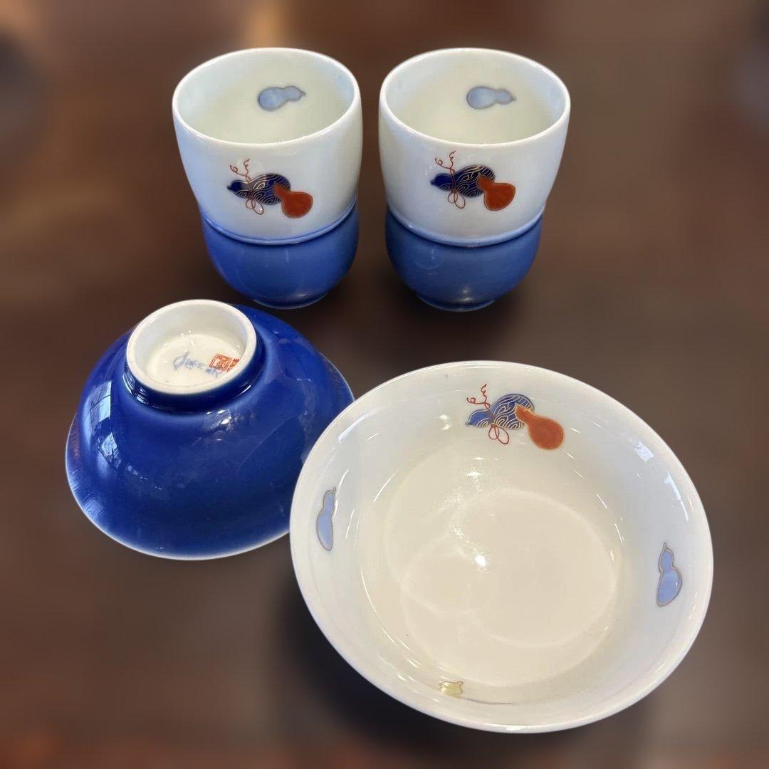 新春SALE 深川製磁　百年庵　六瓢杵型組小湯呑みと組茶碗