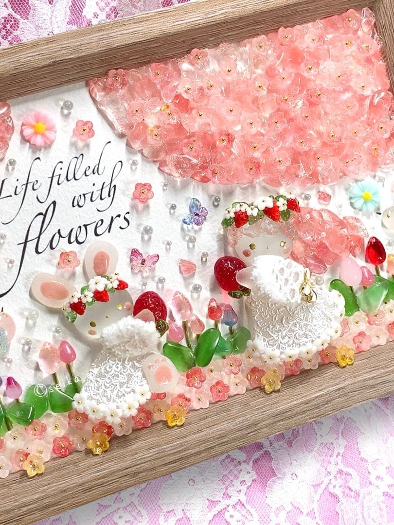 1276苺の花冠と春花畑 北欧インテリア 桜プリンセス シーグラスアート 母の日