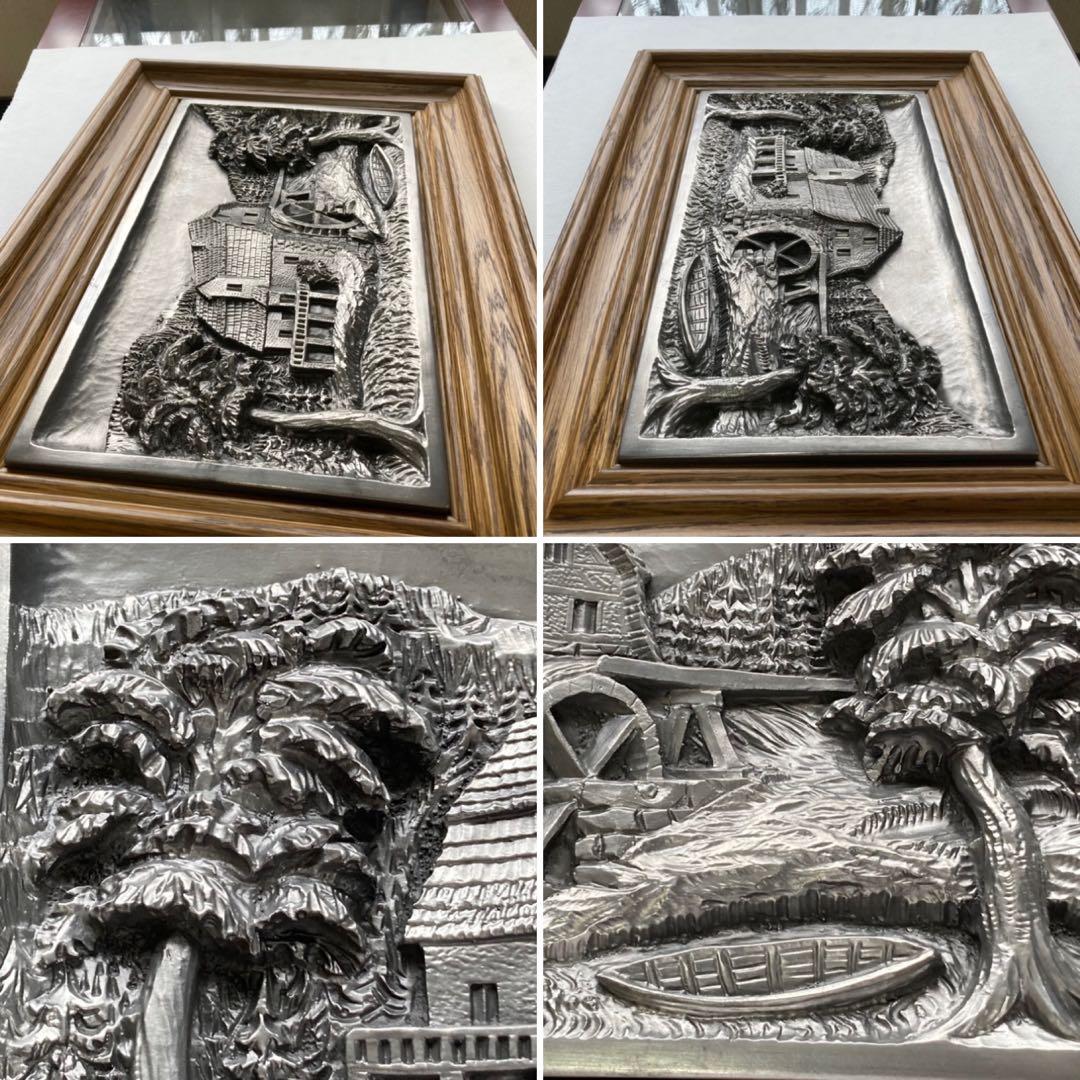 ドイツ 錫 金属 工芸品 彫刻 手作り 額装 レリーフ レトロ ヴィンテージ