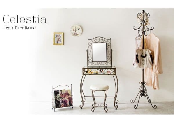 猫足ドレッサー 【丸形スツール付き】 強化ガラス天板/スチール