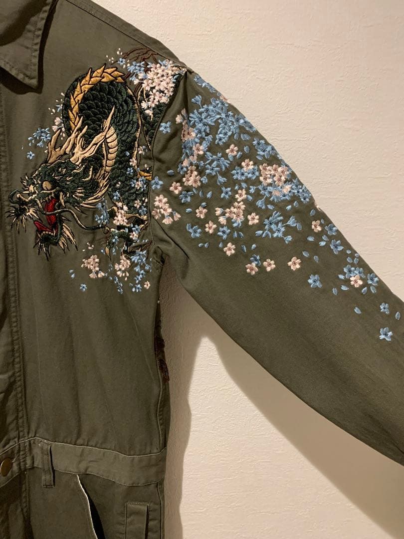 美品　NEVERMIND 和柄つなぎ　カーキ