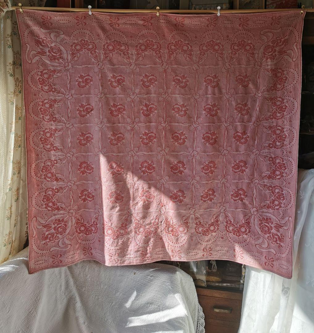 アンティーク フランス ダマスクローズ リボン 大判リネンクロス ダブルフェイス