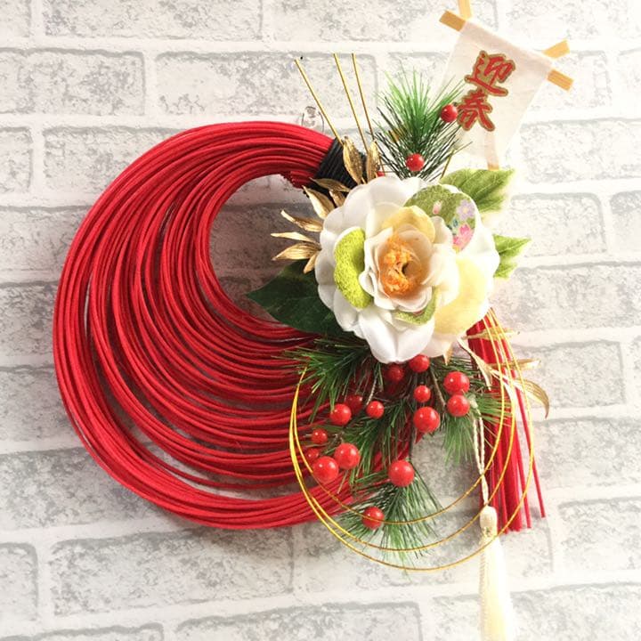 紅 ラタン のお正月飾り ちりめん椿 和モダン NO2