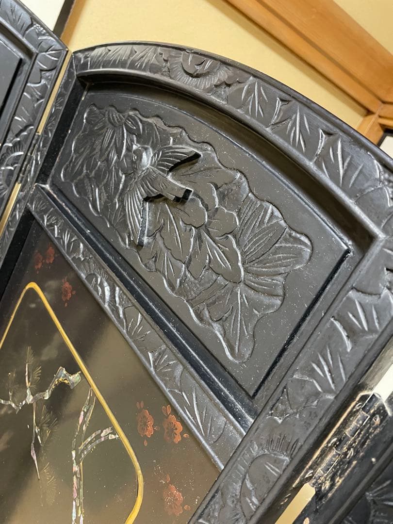 螺鈿細工 四曲屏風 大型 木製 アンティーク 和家具 インテリア