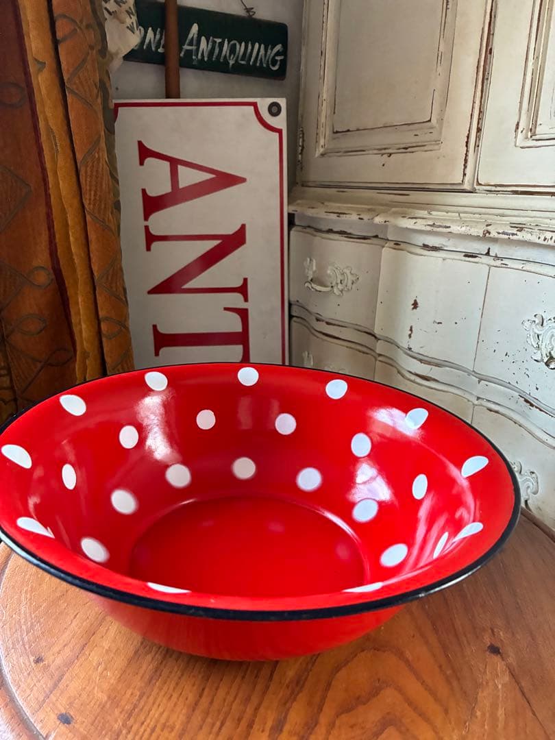 カバトンアンティーク　可愛い　ホーロー　ドット　水玉　洗面器　タライ　レア