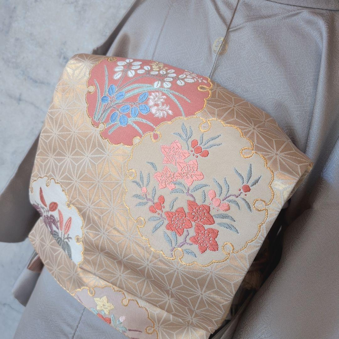 訪問着　フルセット　付け下げ　着物　正絹　シルバーグレー　金　花　O5