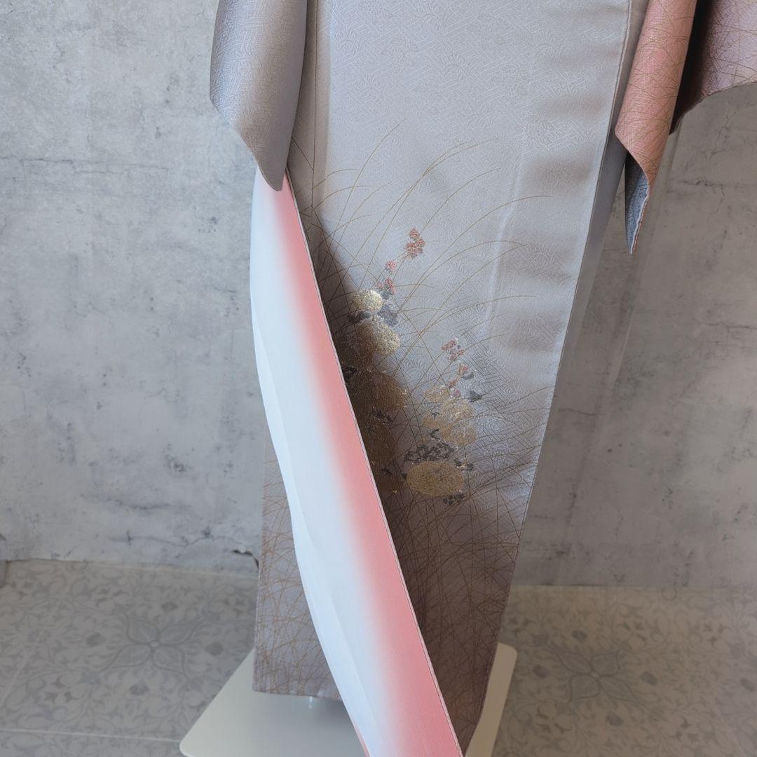 訪問着　フルセット　付け下げ　着物　正絹　シルバーグレー　金　花　O5