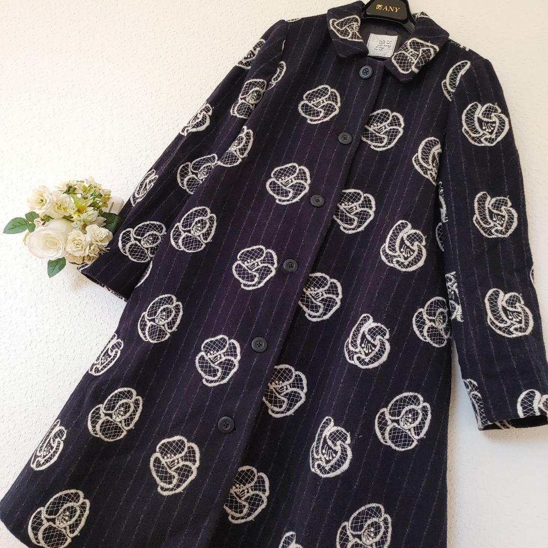 美品 サリースコット 花 刺繍 ロングコート 11号 L ミナペルホネン