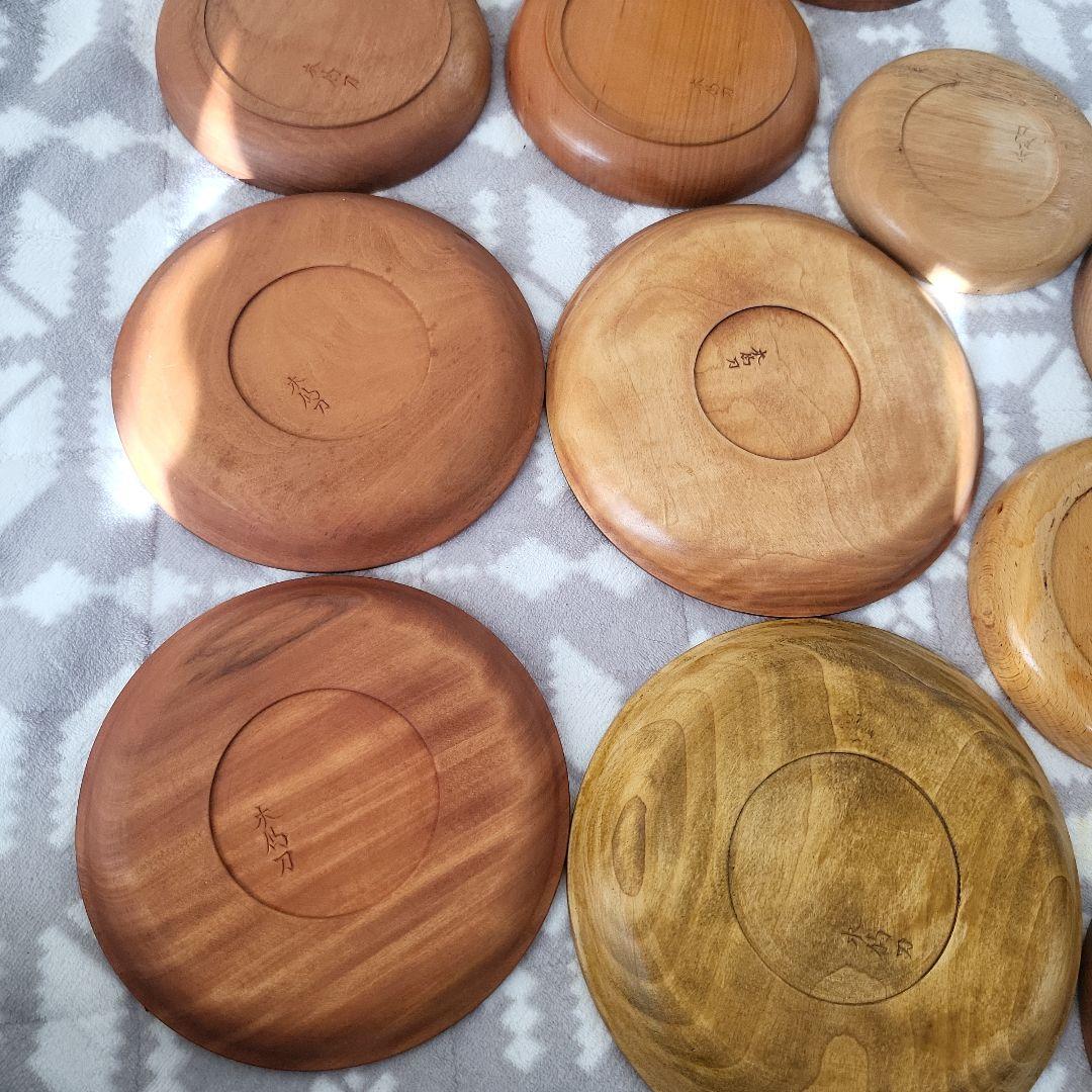 木製 彫刻盆 12枚セット お盆 宮島彫 お菓子 茶 鶴 桜 牡丹 扇 レトロ