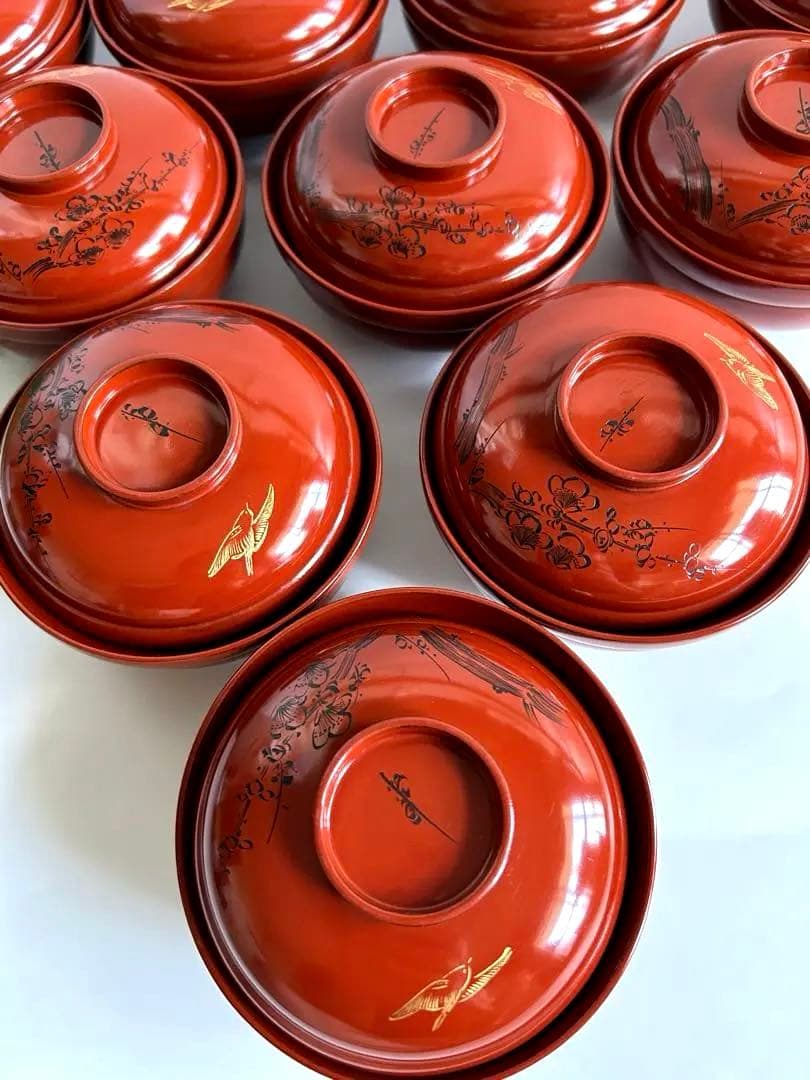 輪島塗　時代物 木製 梅鳥図　鈴形 布着 蓋付　朱色 煮物椀 吸物椀 10客