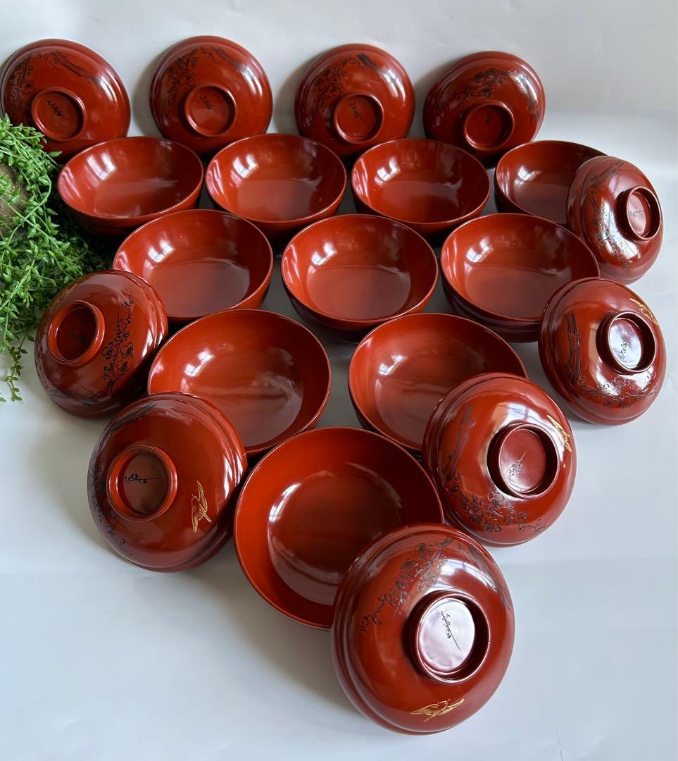 輪島塗　時代物 木製 梅鳥図　鈴形 布着 蓋付　朱色 煮物椀 吸物椀 10客