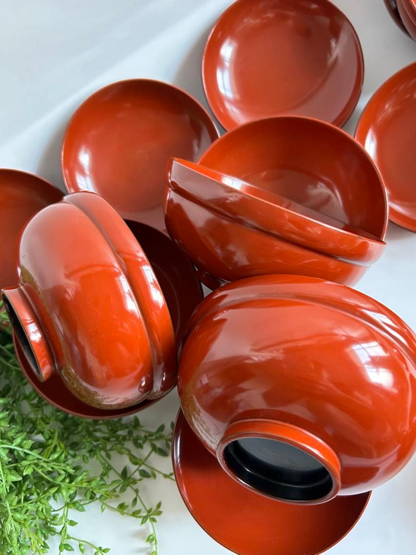 輪島塗　時代物 木製 梅鳥図　鈴形 布着 蓋付　朱色 煮物椀 吸物椀 10客