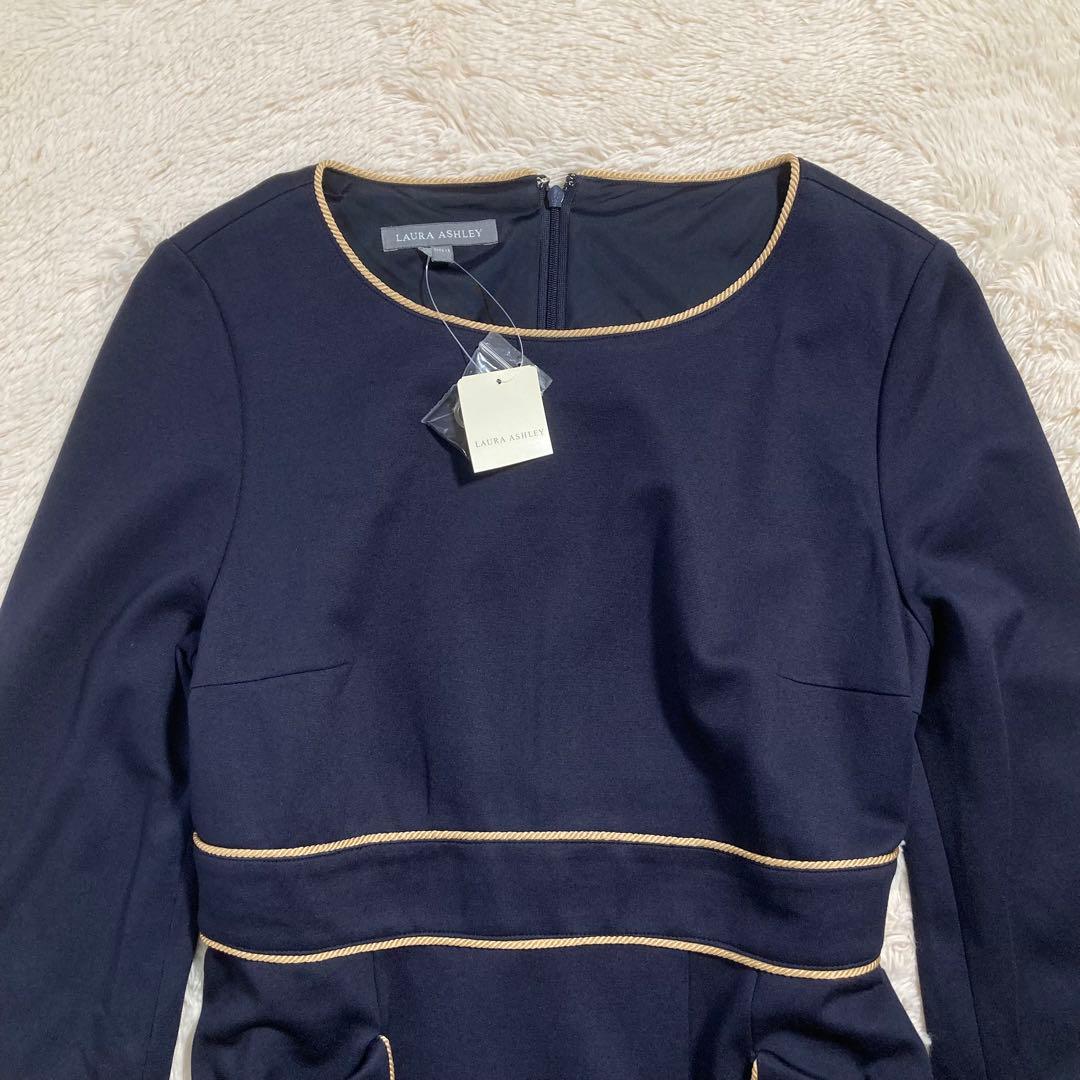 未使用タグ付 ローラアシュレイ ひざ丈ワンピース フレア 七分袖 紺色