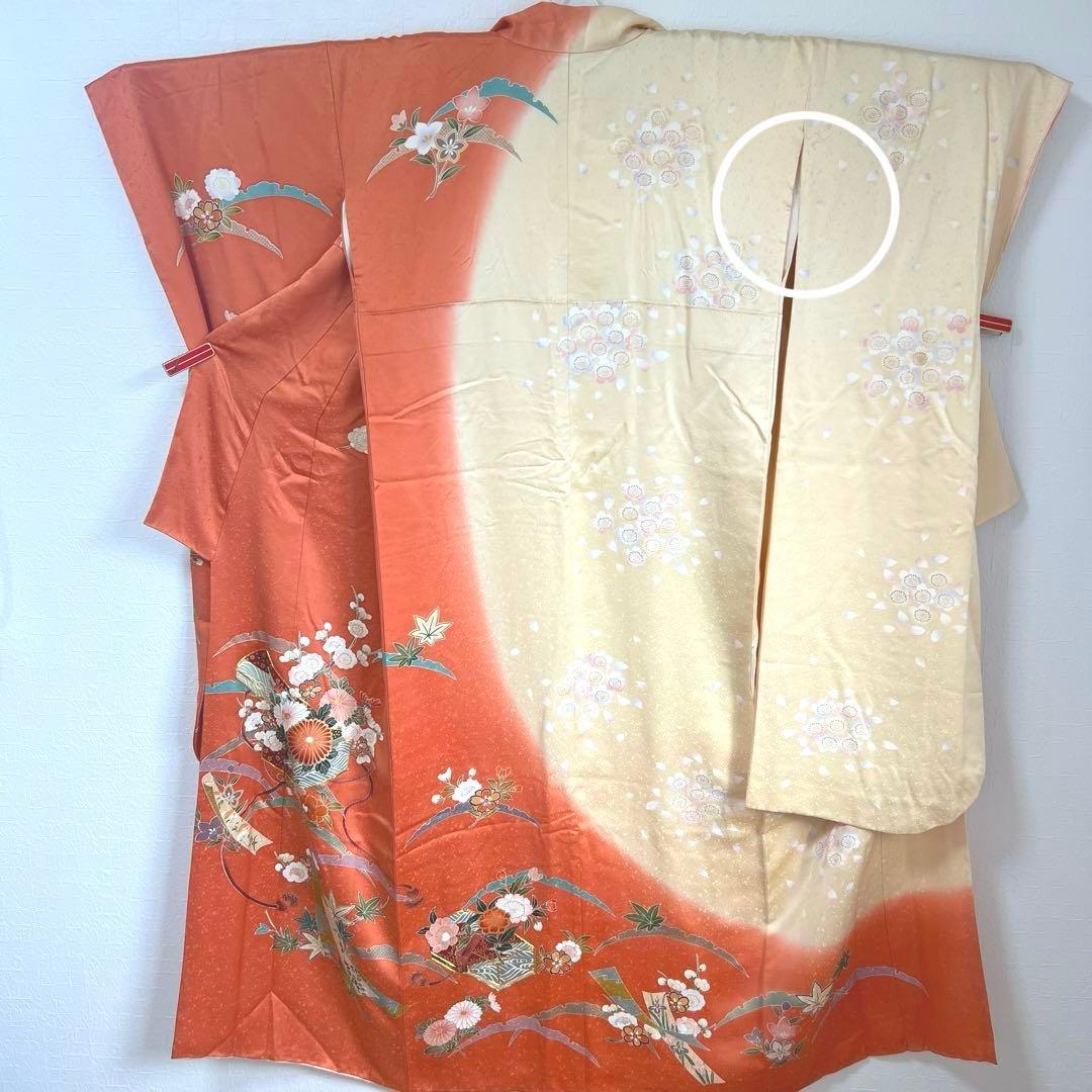 486 振袖フルセット 正絹 渋桃 クリーム 金彩 駒刺繍 暈し染め 長身さん