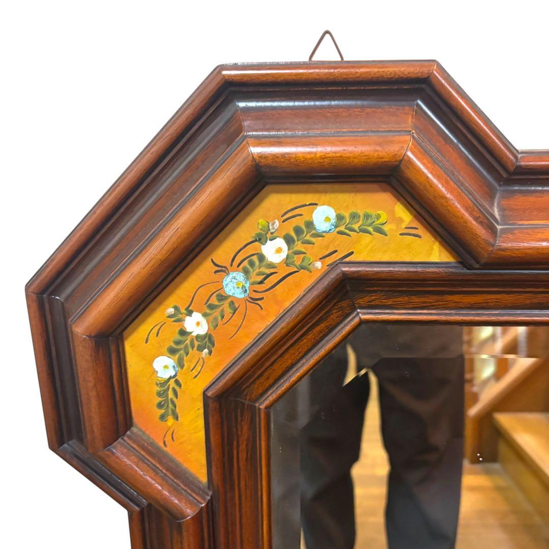 イタリア製 壁掛けミラー 鏡 木製フレーム 花柄装飾 ヴィンテージ アンティーク