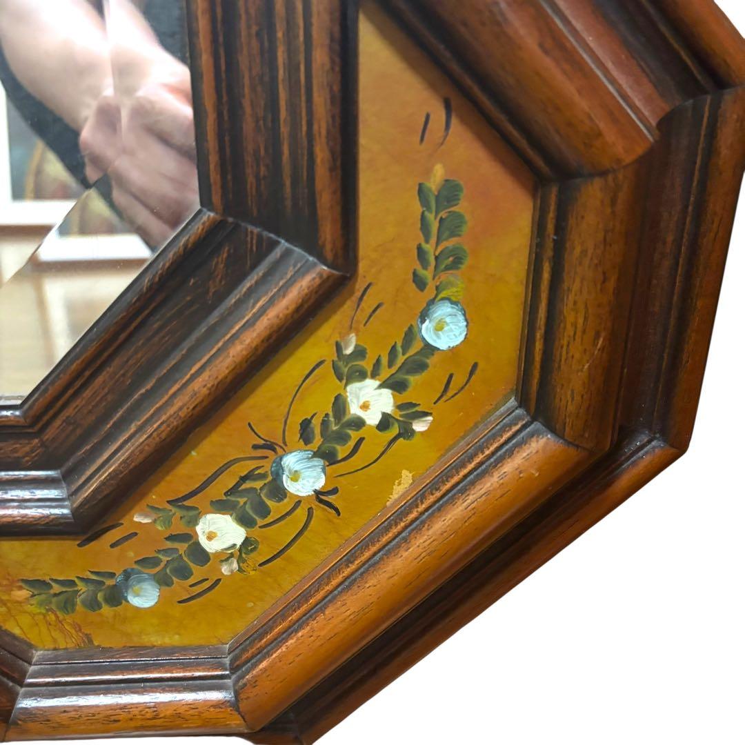 イタリア製 壁掛けミラー 鏡 木製フレーム 花柄装飾 ヴィンテージ アンティーク