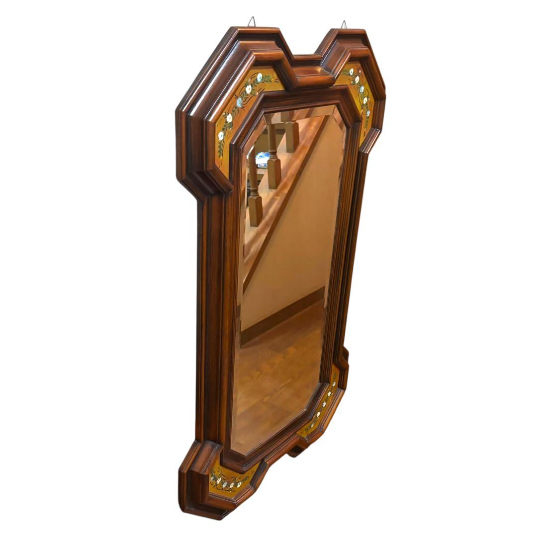 イタリア製 壁掛けミラー 鏡 木製フレーム 花柄装飾 ヴィンテージ アンティーク