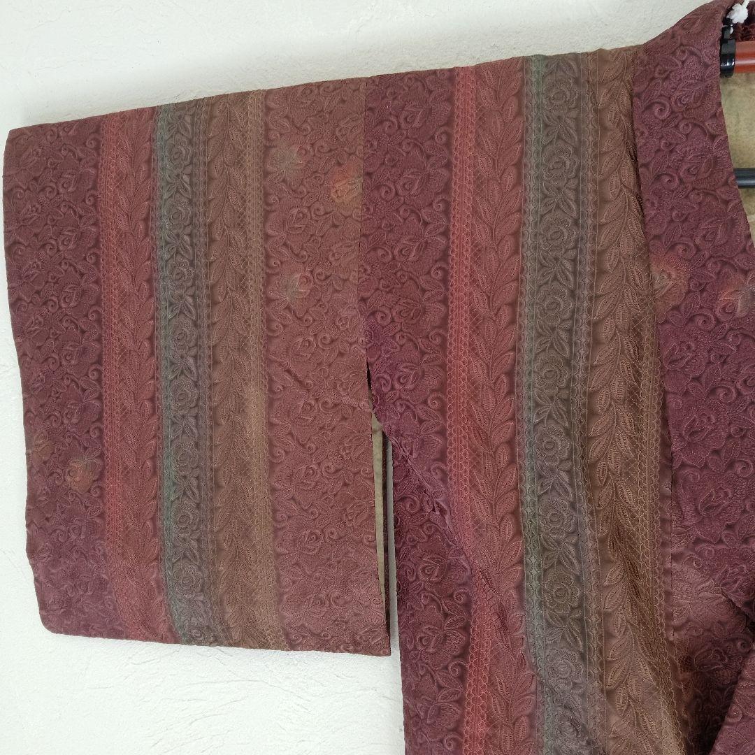 値下げ♡試着程度❣️老舗鈴乃屋　膨れ織　えんじ色系　縦柄道中着ロング丈裄…68㌢