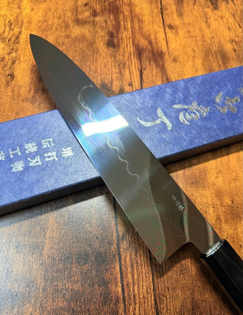 【堺打刃物】祥太郎作　和牛刀　本焼　白鋼　8寸　全鏡面　包丁　黒檀水牛八角柄