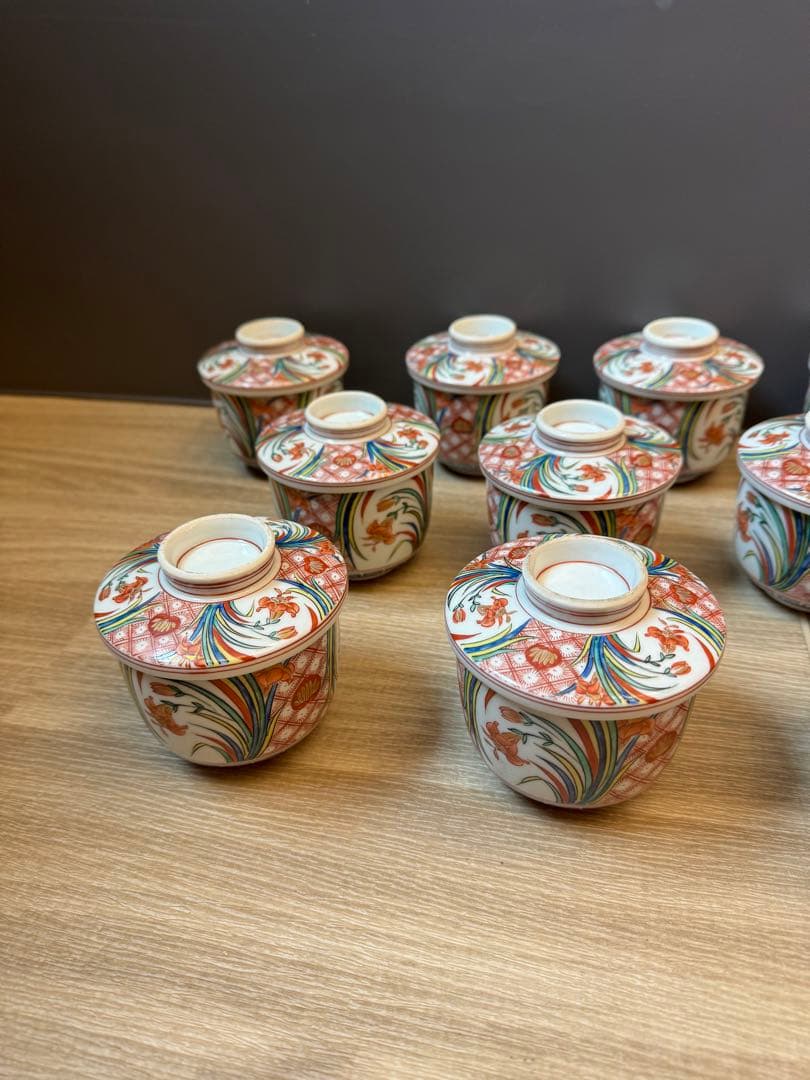 1501 九谷焼　錦絵文　蒸茶碗　10客