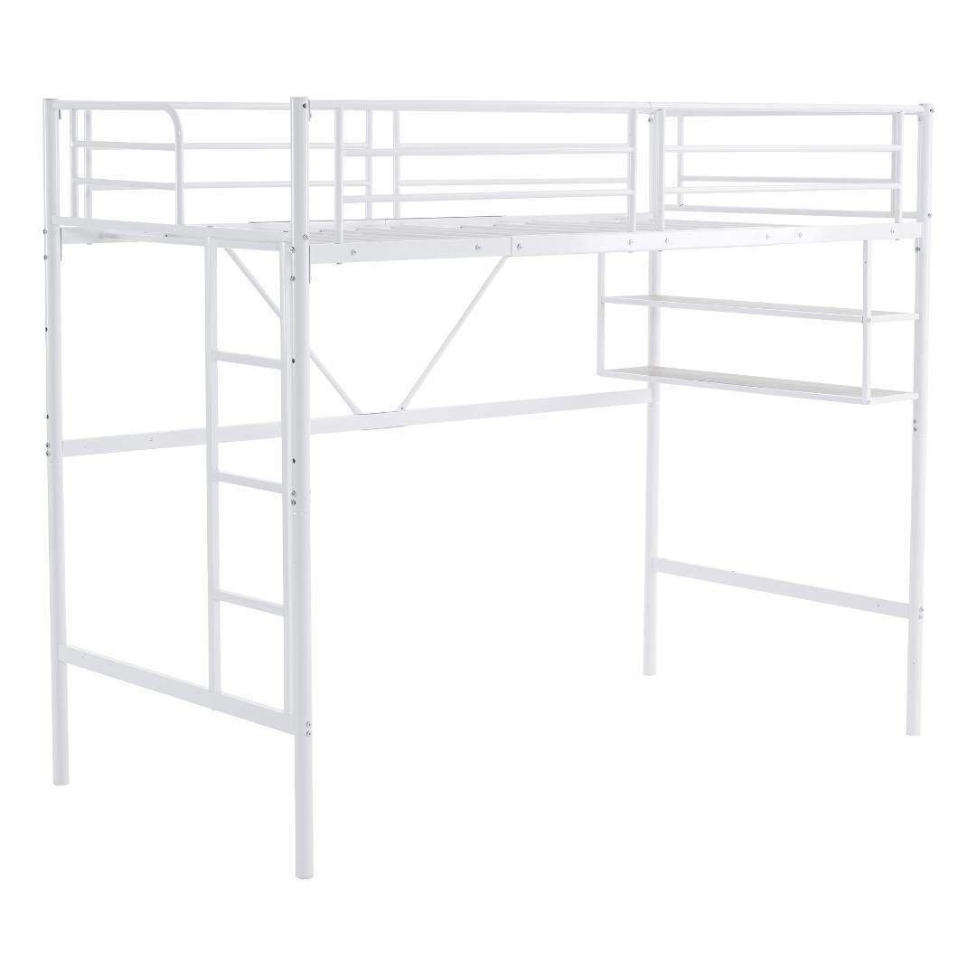 【ホワイト】ロフトベッド パイプベッド サイド棚付き シングルベッド木収納北欧風