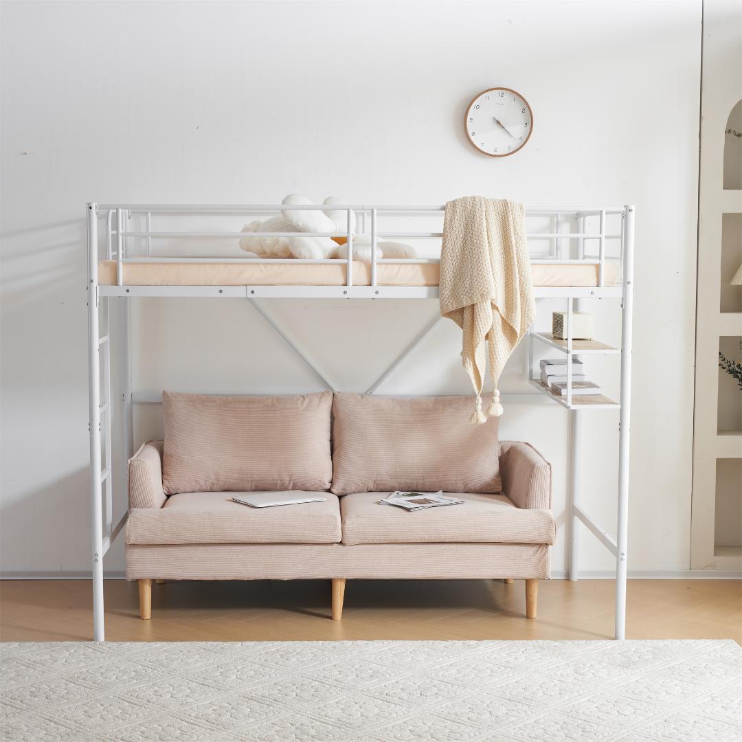 【ホワイト】ロフトベッド パイプベッド サイド棚付き シングルベッド木収納北欧風