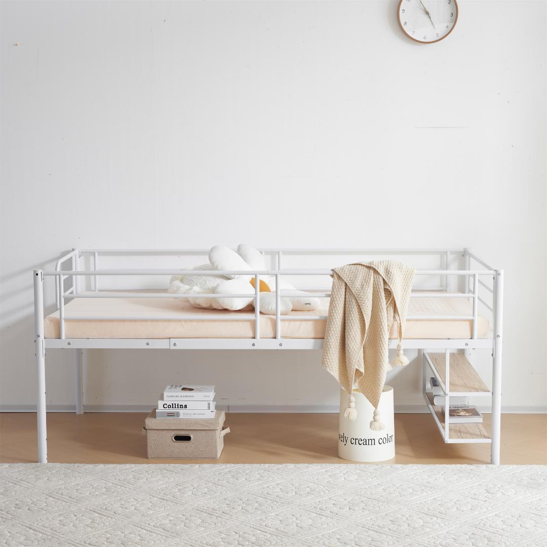 【ホワイト】ロフトベッド パイプベッド サイド棚付き シングルベッド木収納北欧風