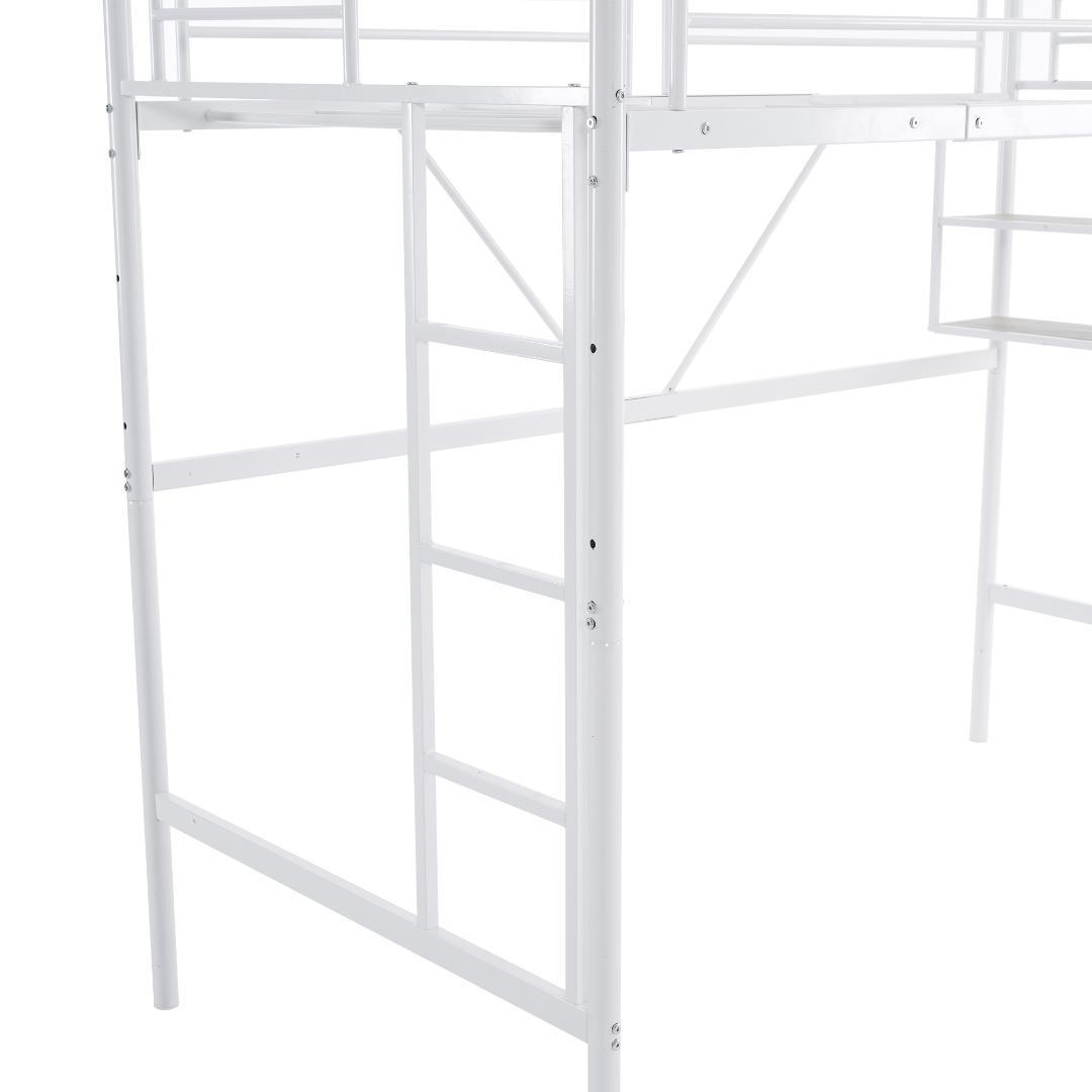 【ホワイト】ロフトベッド パイプベッド サイド棚付き シングルベッド木収納北欧風