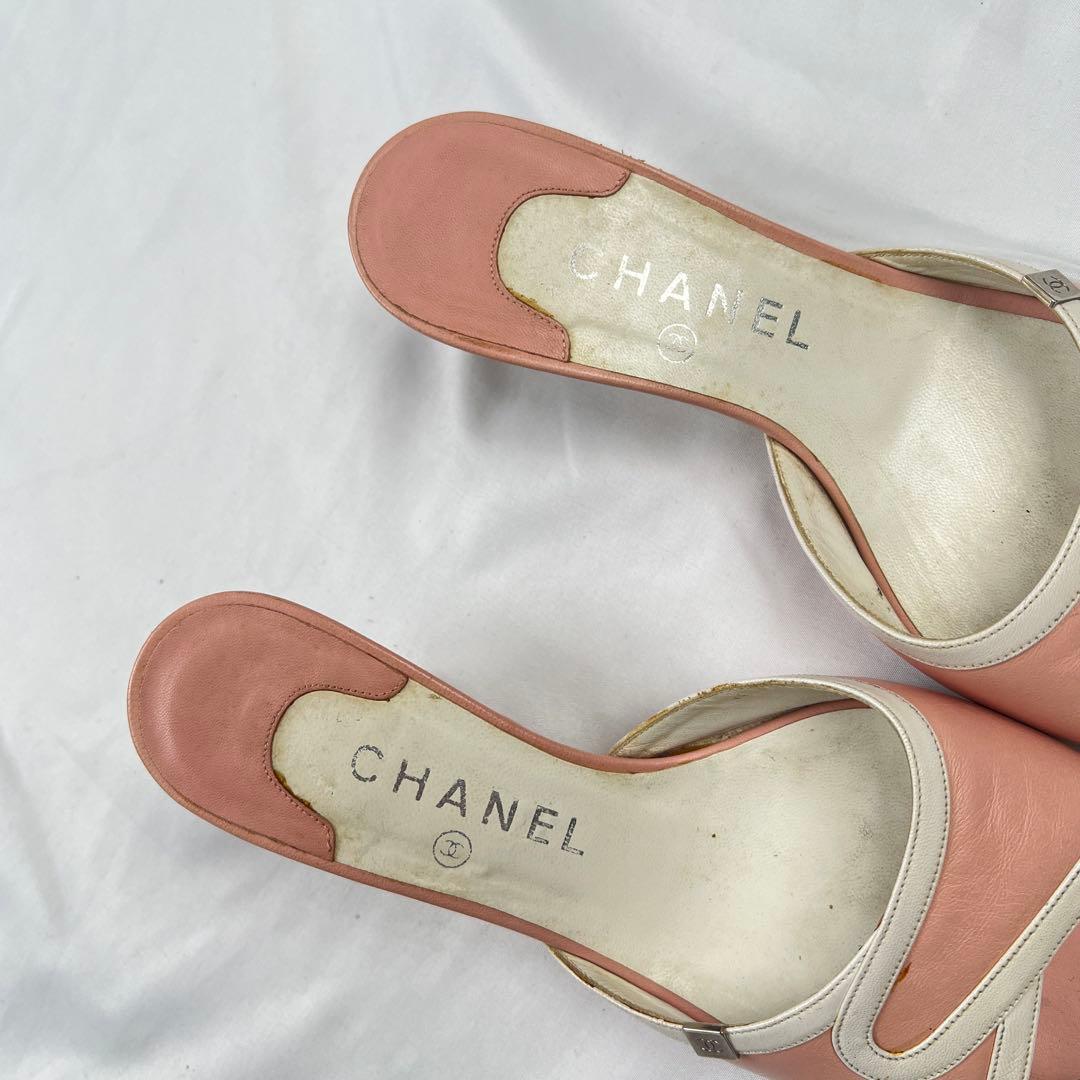 靴 CHANEL coco mark leather mules baby pink