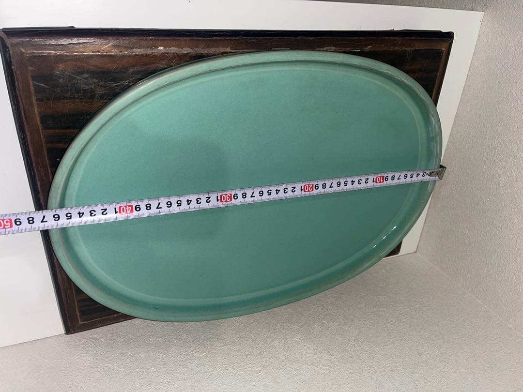 中国宜興　緑釉窯変結晶切立切足楕円水盤　 発色抜群 落款　盆栽鉢