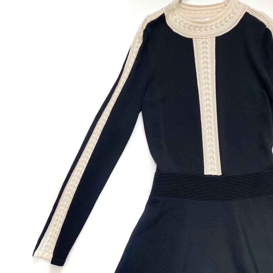 サンドロ　ニットワンピース　バイカラー　レース ブラック　アイボリー　Sサイズ