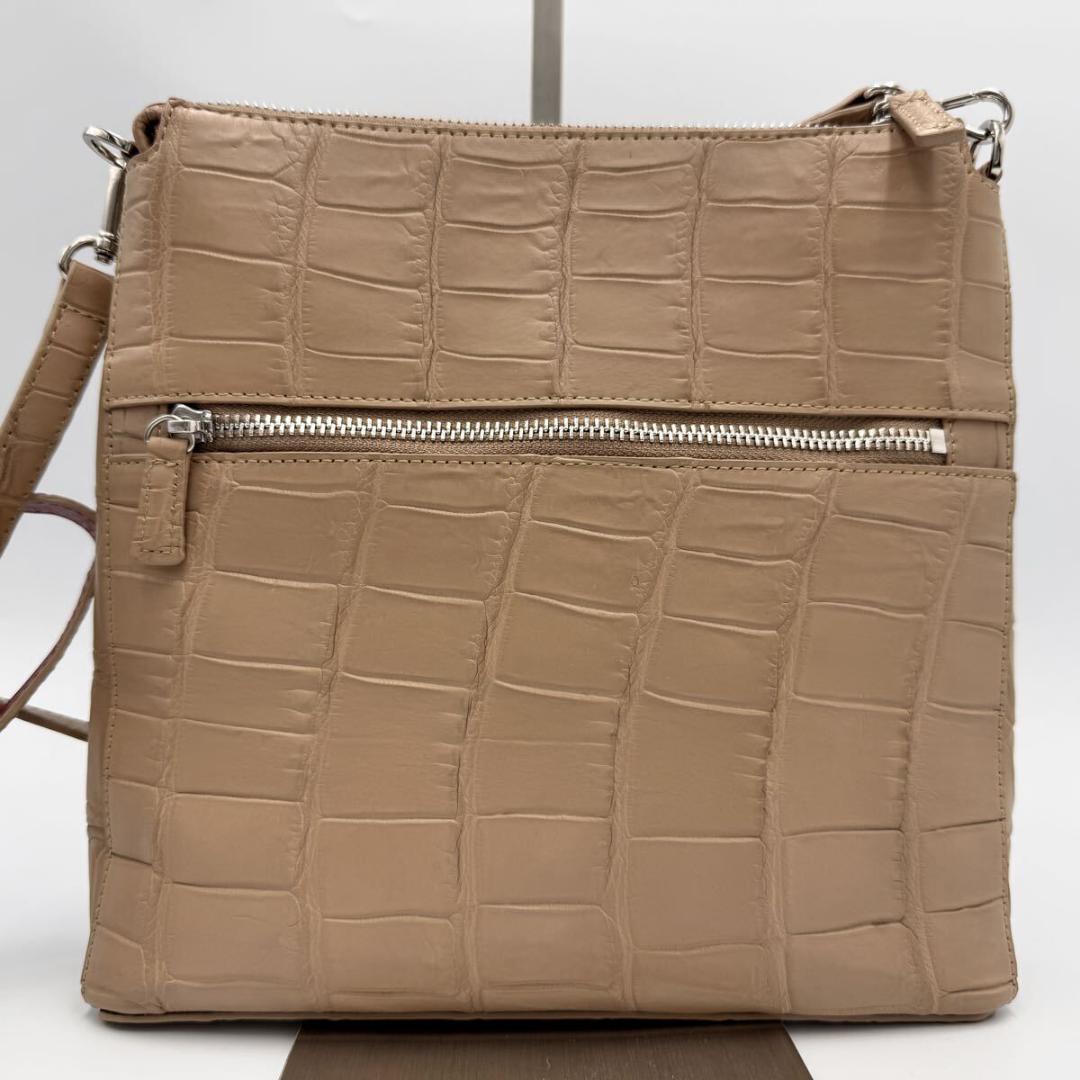 美品 マットクロコダイル ショルダーバッグ ピンクベージュ 本革 リアルレザー