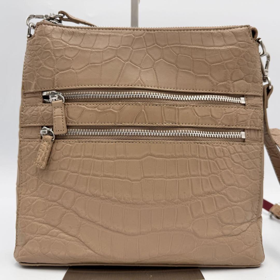 美品 マットクロコダイル ショルダーバッグ ピンクベージュ 本革 リアルレザー