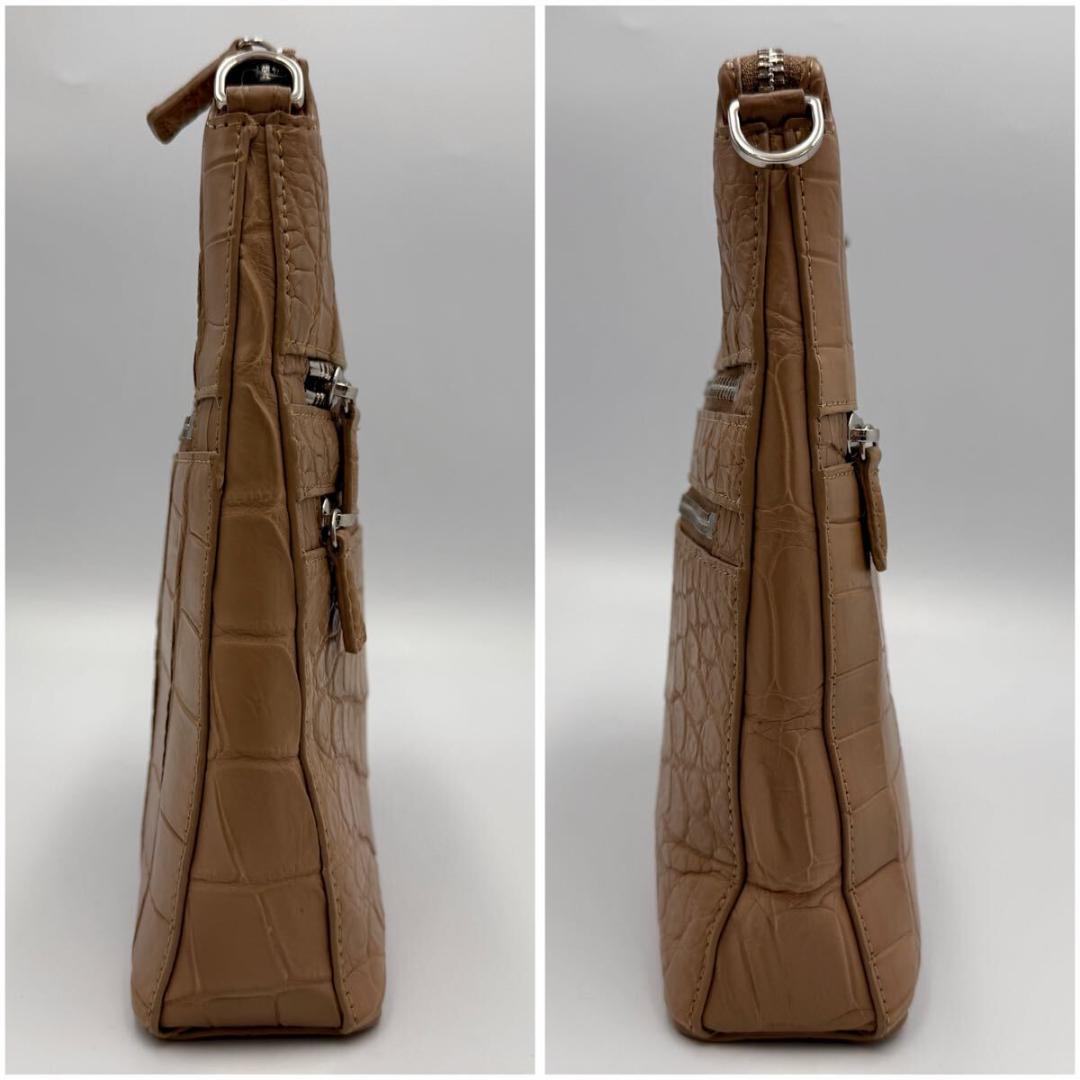 美品 マットクロコダイル ショルダーバッグ ピンクベージュ 本革 リアルレザー