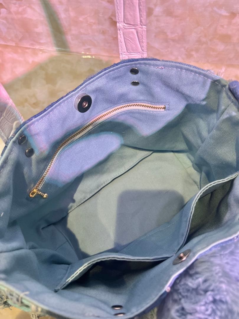 m*e様 コヤンイサムチョン　サイドポケットデニムバッグ　　　 本革持ち手　クラ