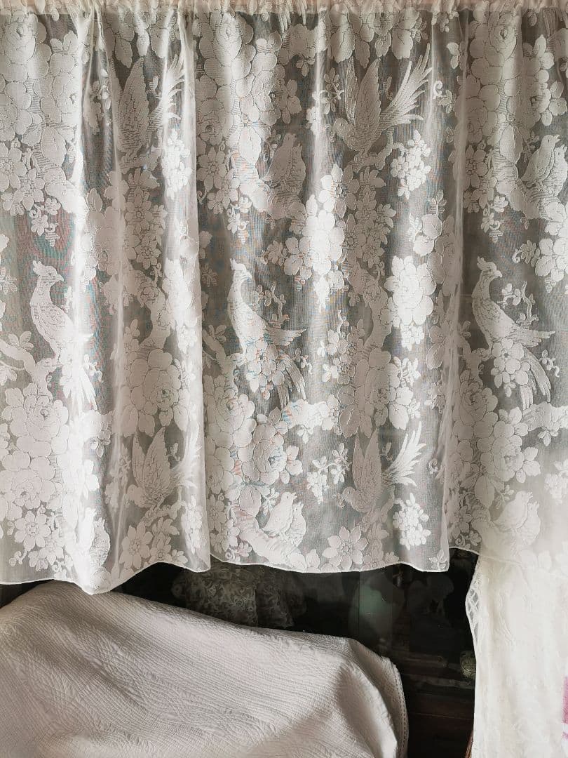 アンティーク ノッティンガムマドラスレース 餌やり鳥の親子 薔薇紋カーテンパネル