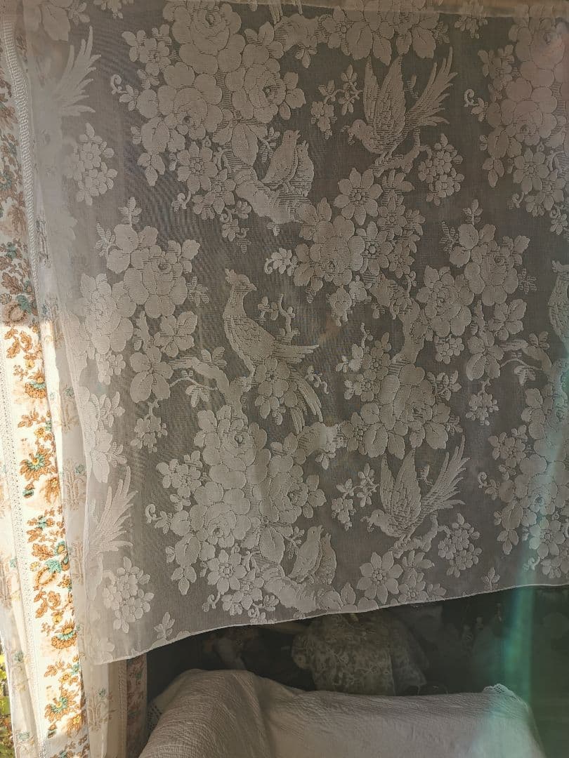 アンティーク ノッティンガムマドラスレース 餌やり鳥の親子 薔薇紋カーテンパネル