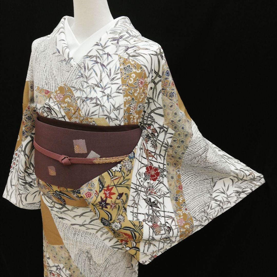 しゃれ訪問着(袷)　(地紙に花鳥 源氏香 花唐草 吉祥紋　ちりめん　ガード加工)