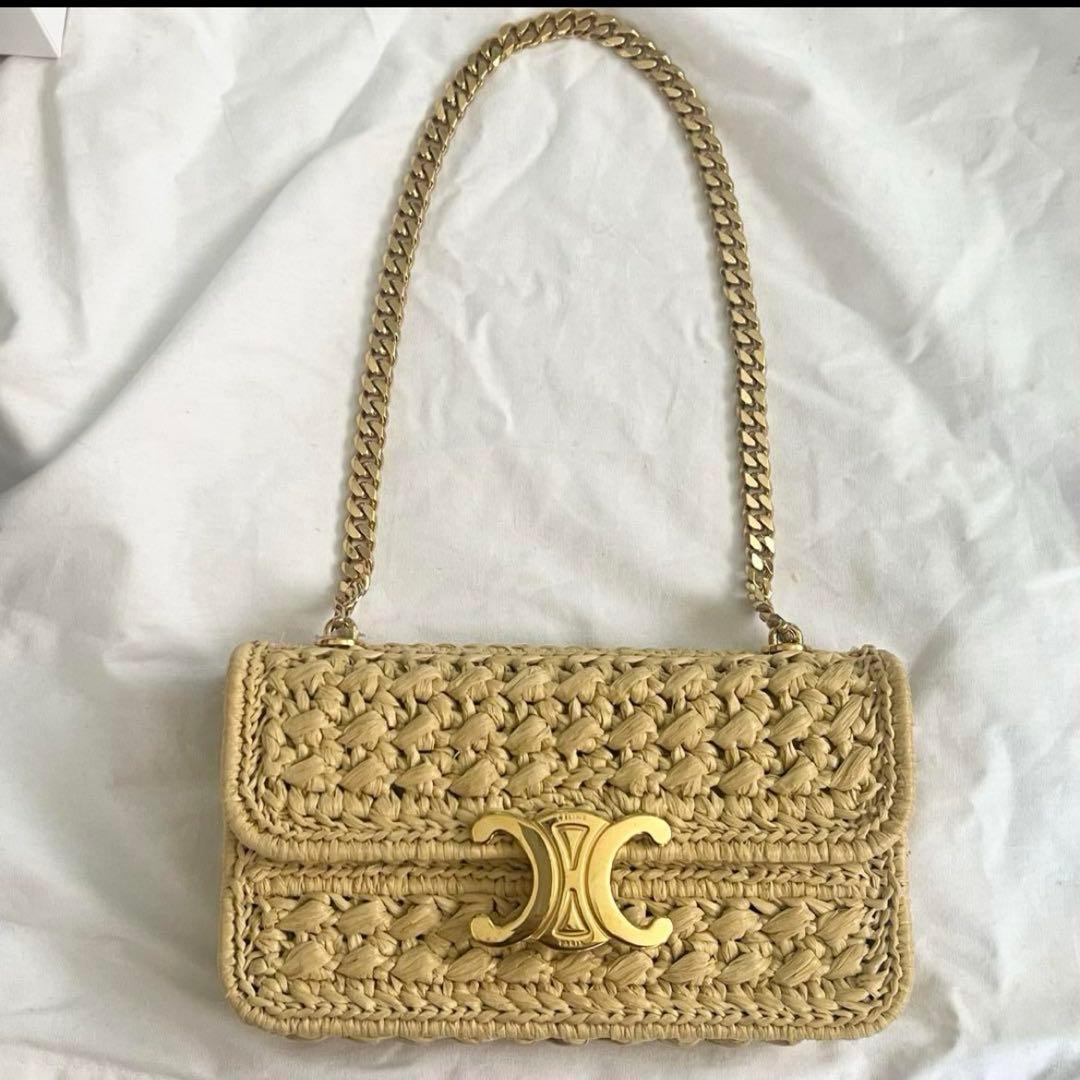 CELINE ラフィアバッグ CLAUDE チェーンショルダーバッグ カゴバッグ