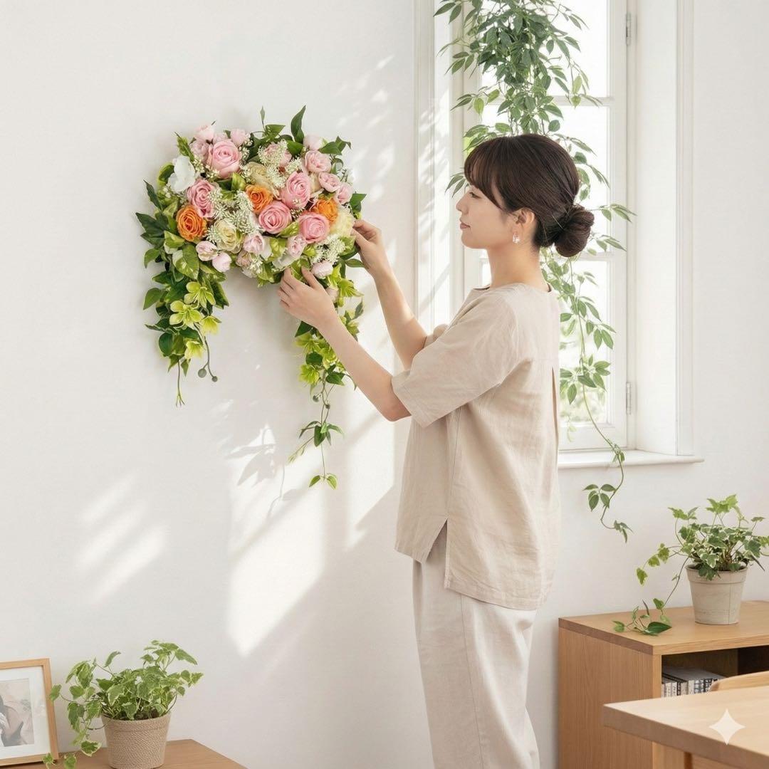 春を纏う 薔薇咲き誇るエレガントアーチリース｜光触媒フラワー｜玄関・インテリア