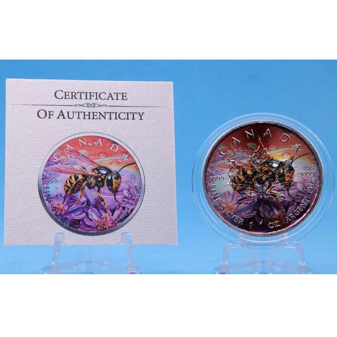 世界100枚限定！ メイプルリーフ 銀貨 カラー ミツバチ 動物と植物の自然融和