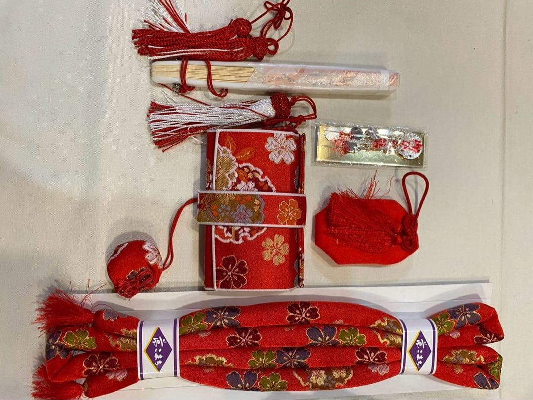 七五三　結び帯セット　5歳用　赤い花柄 着物用小物セット　子供服