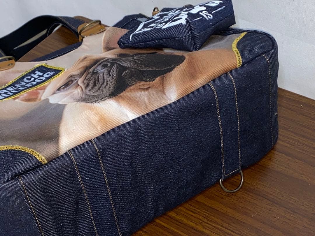 ☆岡山デニム☆フレンチブルドッグ☆特大ステンシル☆4wayあおりバッグ