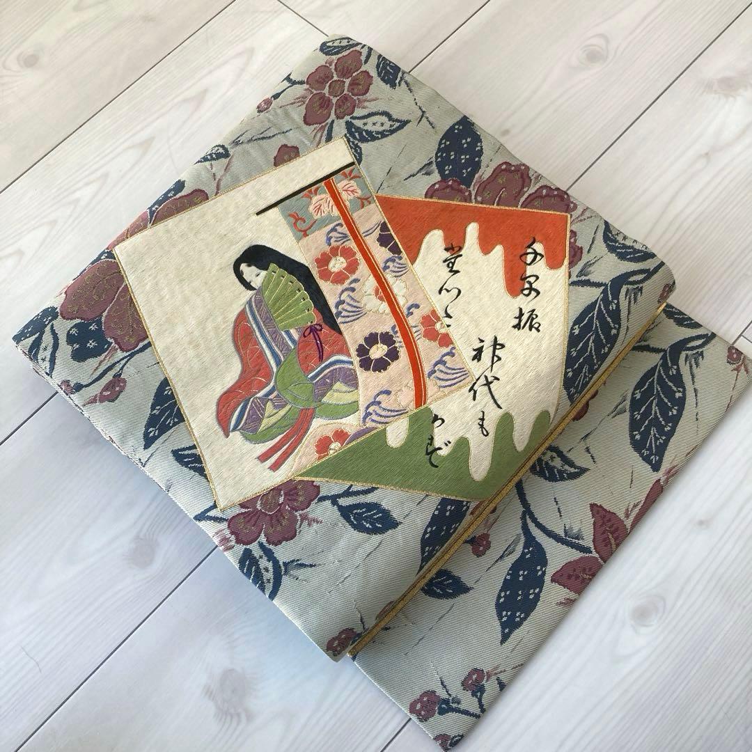アンティーク名古屋帯　百人一首の刺繍　グレー　大正　正絹　N6-25