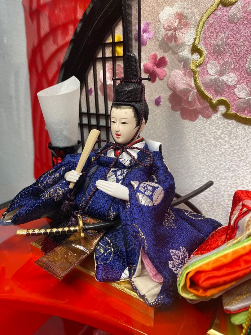 雛人形　五人飾り円型アクリルケース入・間口約４４×奥約２３×高約４５㎝