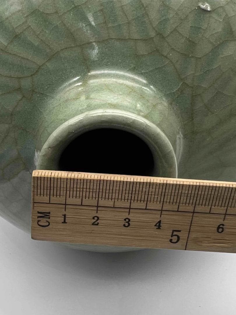 南宋時代　龍泉窯　梅子青 青磁 刻花文大梅瓶 花入　花瓶　茶道具(B-29)