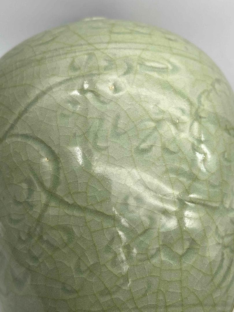 南宋時代　龍泉窯　梅子青 青磁 刻花文大梅瓶 花入　花瓶　茶道具(B-29)