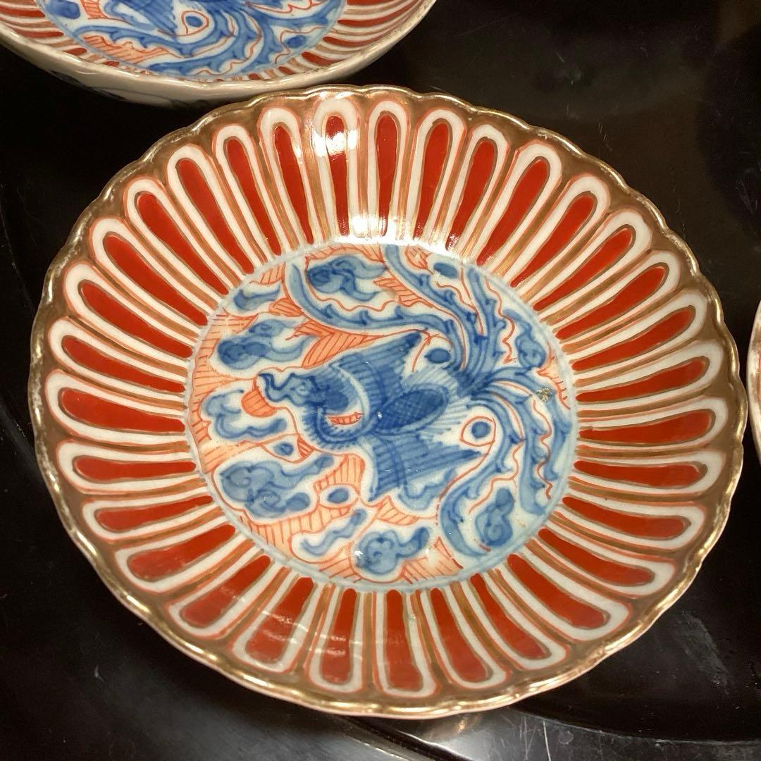 A1007 大聖寺伊万里　赤絵　染錦手　菊形　　５枚