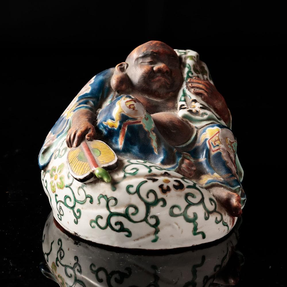 T 九谷焼き　布袋像　唐草模様　青手九谷　布袋　仏像　東洋彫刻　時代年代物